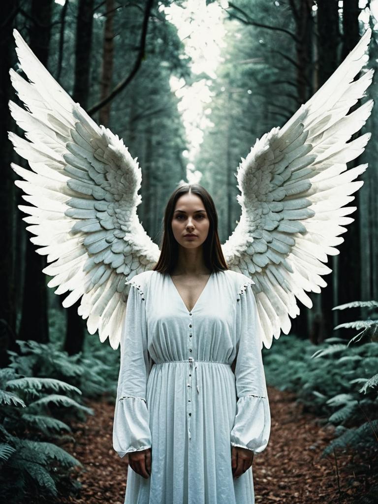 Woman with Extra Large Angel Wings Photorealistic Outdoor Portrait