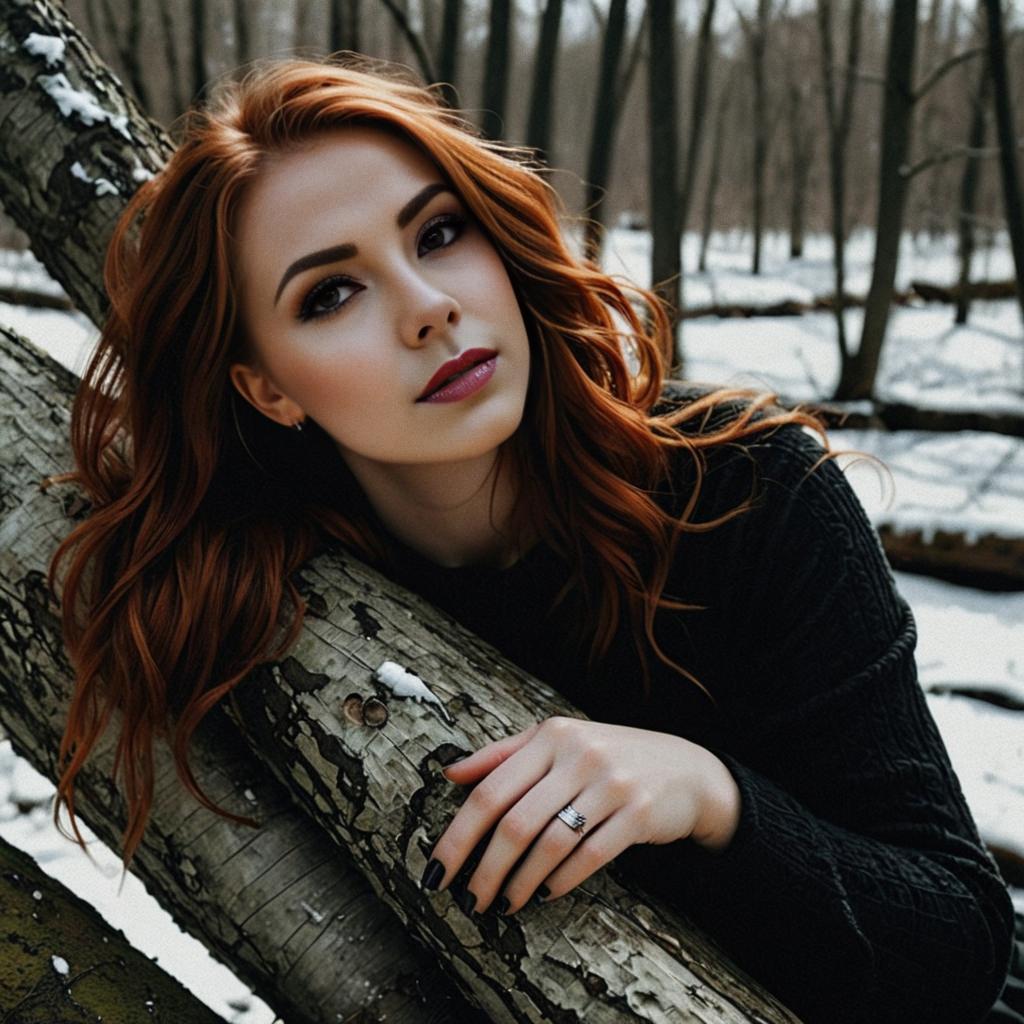 Woman with Red Hair in Winter Forest