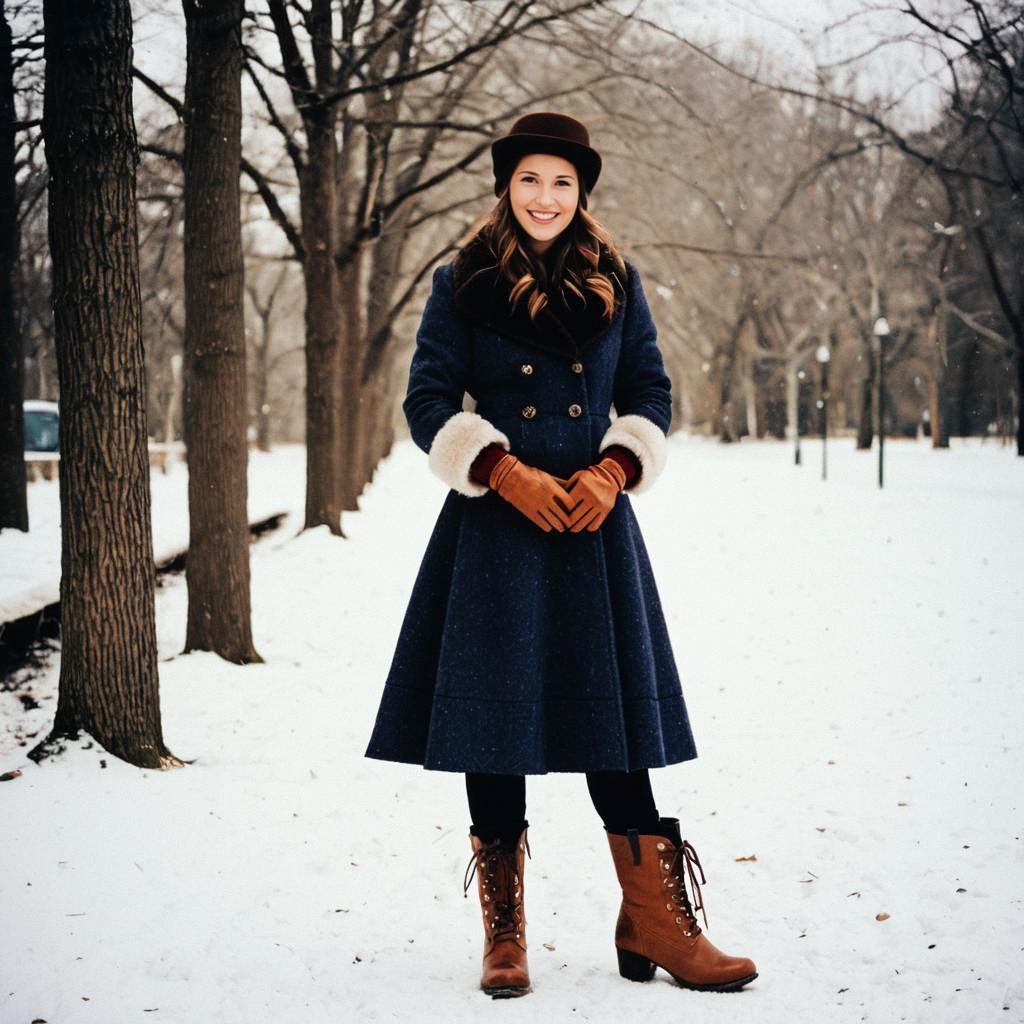 Confident Woman in Vintage Winter Outfit in Snowy Park Confident Woman in Vintage Winter Outfit in Snowy Park