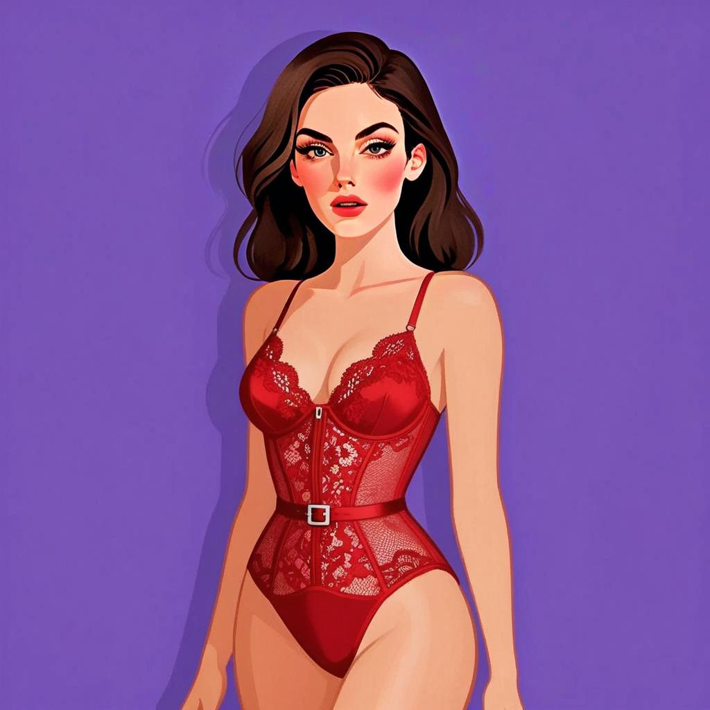 Woman in Bold Red Lace Bodysuit with Pretty Face and Hair Illustration