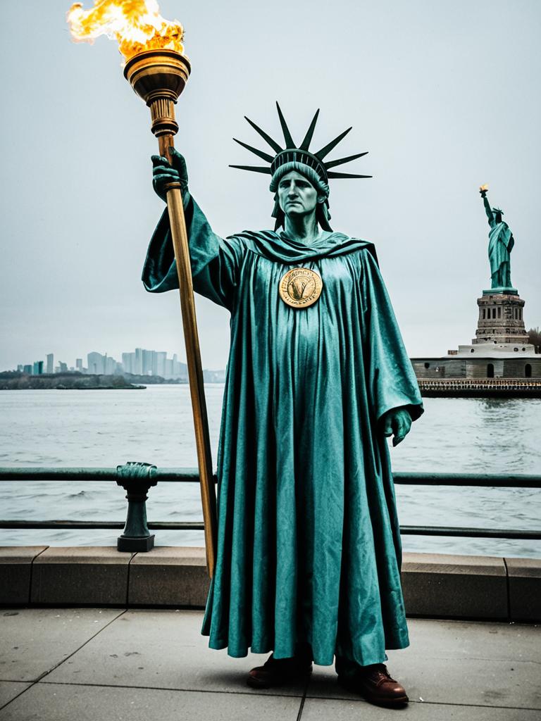 Man in Statue of Liberty Costume Holding Torch by the Waterfront