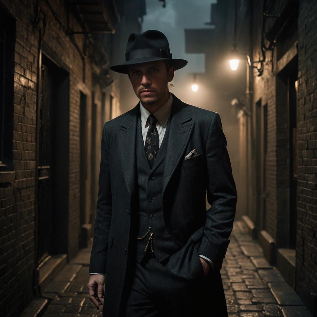 Man in Vintage Suit and Fedora in Alleyway