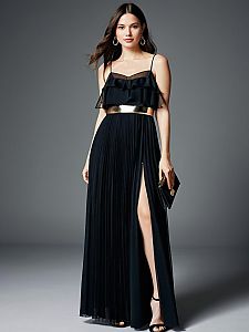 Woman Wearing Sleeveless Sheer Black Ruffle Maxi Dress with Metallic Belt and Thigh Slit