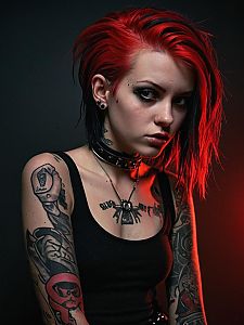 Punk Woman with Red and Black Hair and Tattoos in Dark Moody Portrait