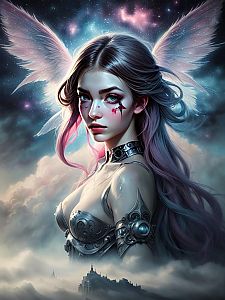Woman with Ethereal Wings in Dreamy Sky