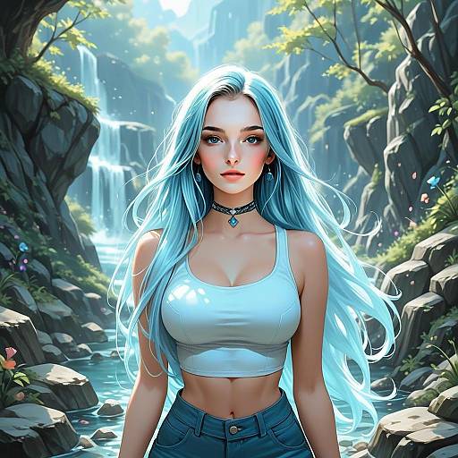 Fantasy Illustration of Woman with Blue Hair by Waterfall in Lush Nature