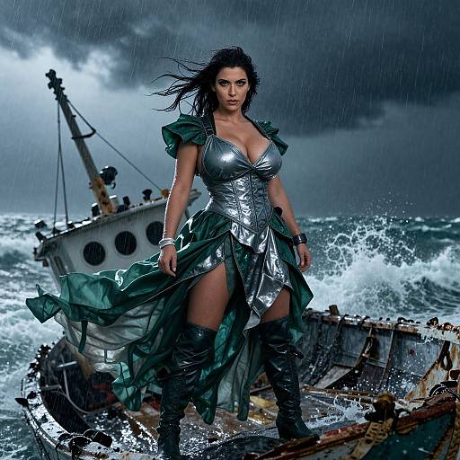 Woman in Metallic Fantasy Dress Standing on Stormy Shipwreck