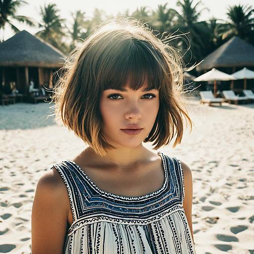 Young Woman on Tropical Beach with Patterned Dress
