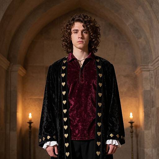 Young Man in Vintage Velvet Robe with Gold Hearts in Medieval Setting