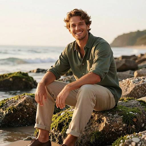 Smiling Young Man Sitting on Mossy Rocks at the Beach