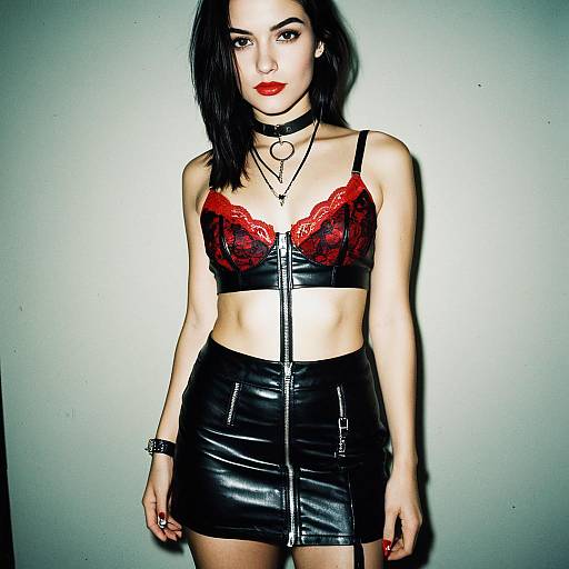 Edgy Woman in Black Leather Mini Skirt and Red Lace Bralette