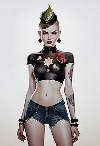 Bold Punk Style Woman with Spiked Hair and Rose Crop Top Digital Art