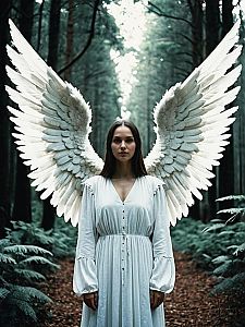 Woman with Extra Large Angel Wings Photorealistic Outdoor Portrait