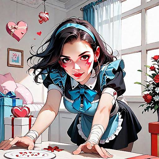 Anime Style Maid Character with Bandages and Heart Decorations Artwork