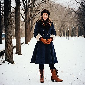 Confident Woman in Vintage Winter Outfit in Snowy Park