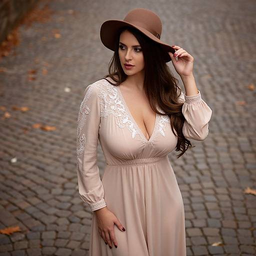 Elegant Woman in Beige Embroidered Dress and Brown Hat on Cobblestone Street