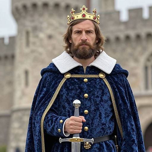 Medieval King in Royal Blue Velvet Cloak Holding Sword at Castle