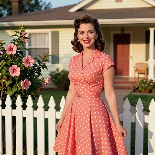 Retro 1950s Woman in Coral Polka Dot Dress by White Picket Fence