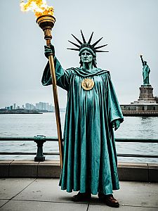 Man in Statue of Liberty Costume Holding Torch by the Waterfront