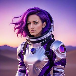 Futuristic Woman in Purple Astronaut Suit at Sunset