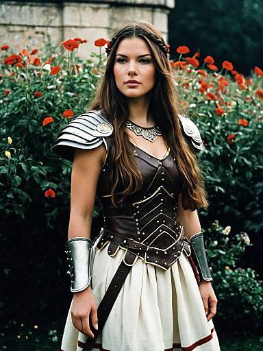 Female Gladiator in Detailed Armor with Flower Garden Background