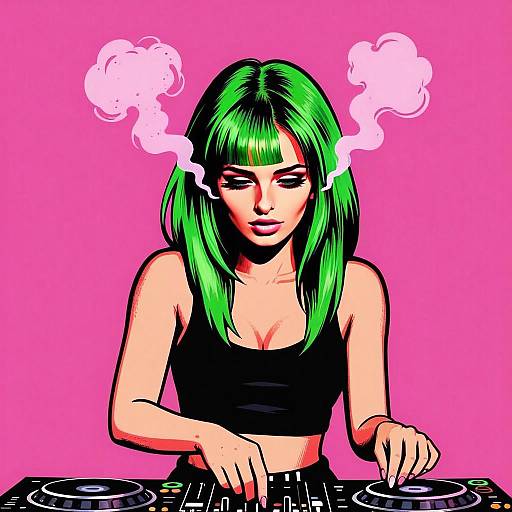 Pop Art Style DJ Woman with Green Hair and Turntables on Pink Background