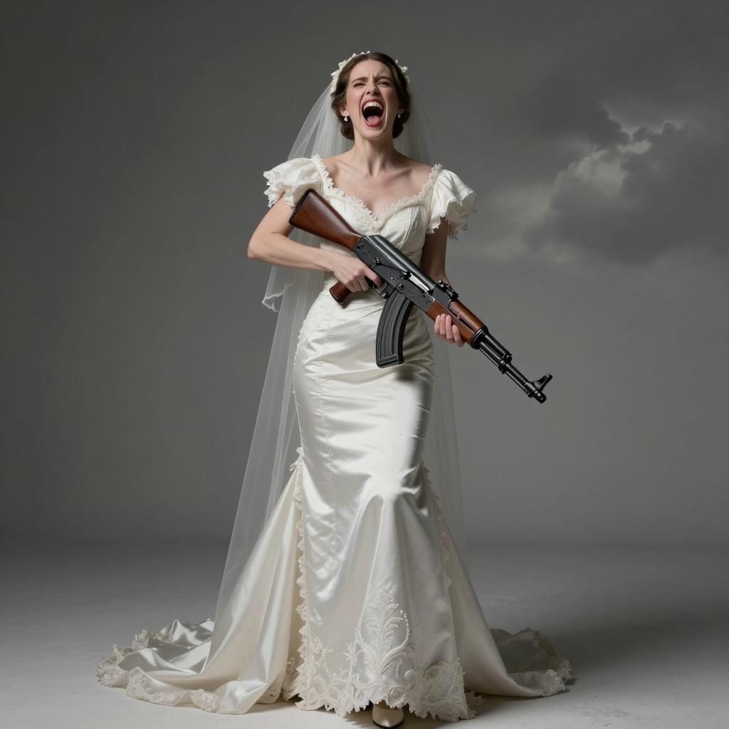 Woman in Vintage Bridal Gown Holding Assault Rifle in Dramatic Pose
