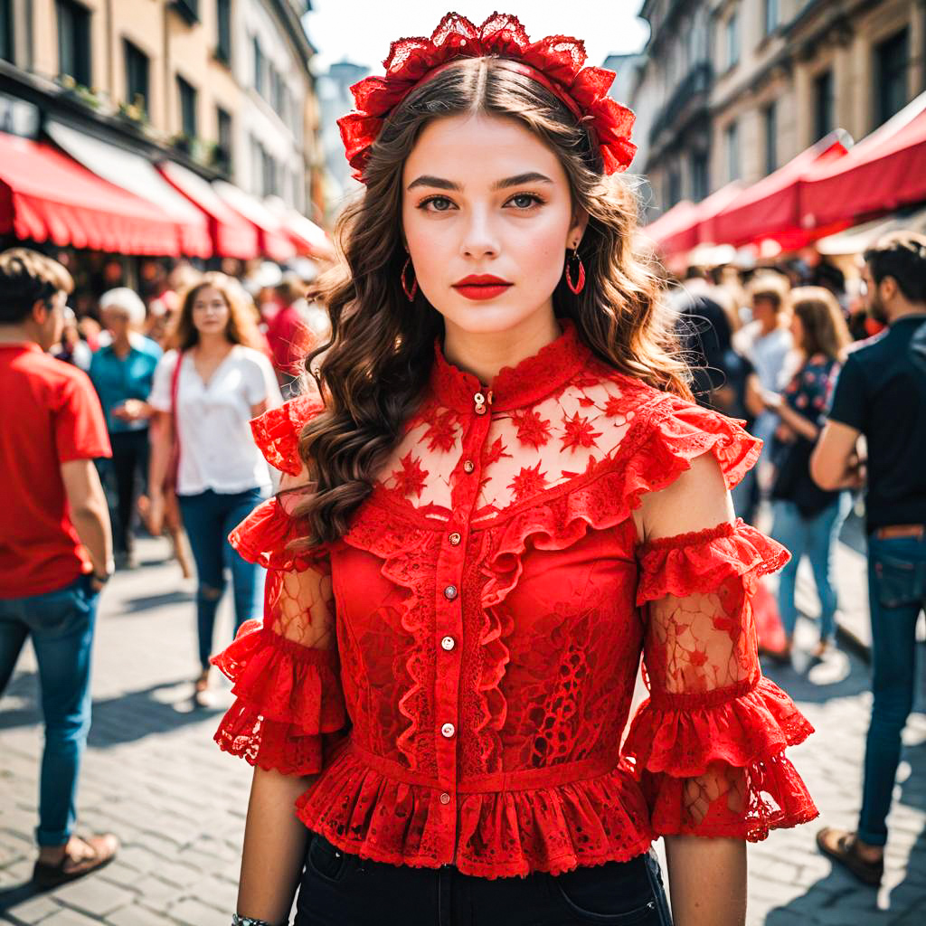 Confident Woman in Red Lace Blouse at Bustling Market