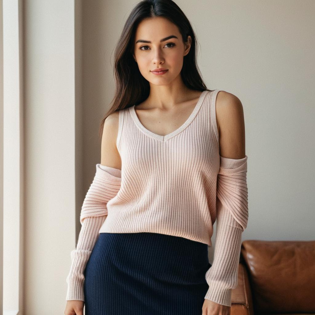 Young Woman in Ribbed Knit Cold Shoulder Sweater and Navy Skirt