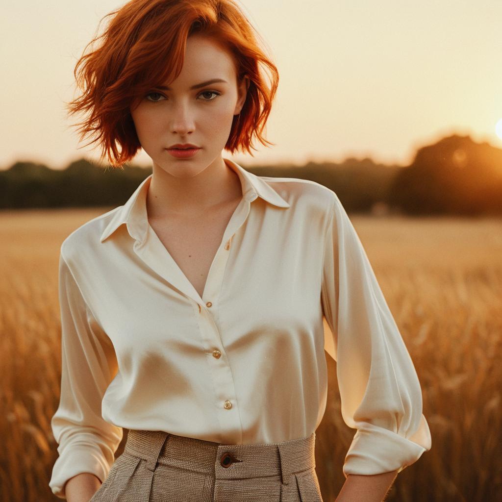 Red-Haired Woman in Cream Blouse in Golden Field at Sunset