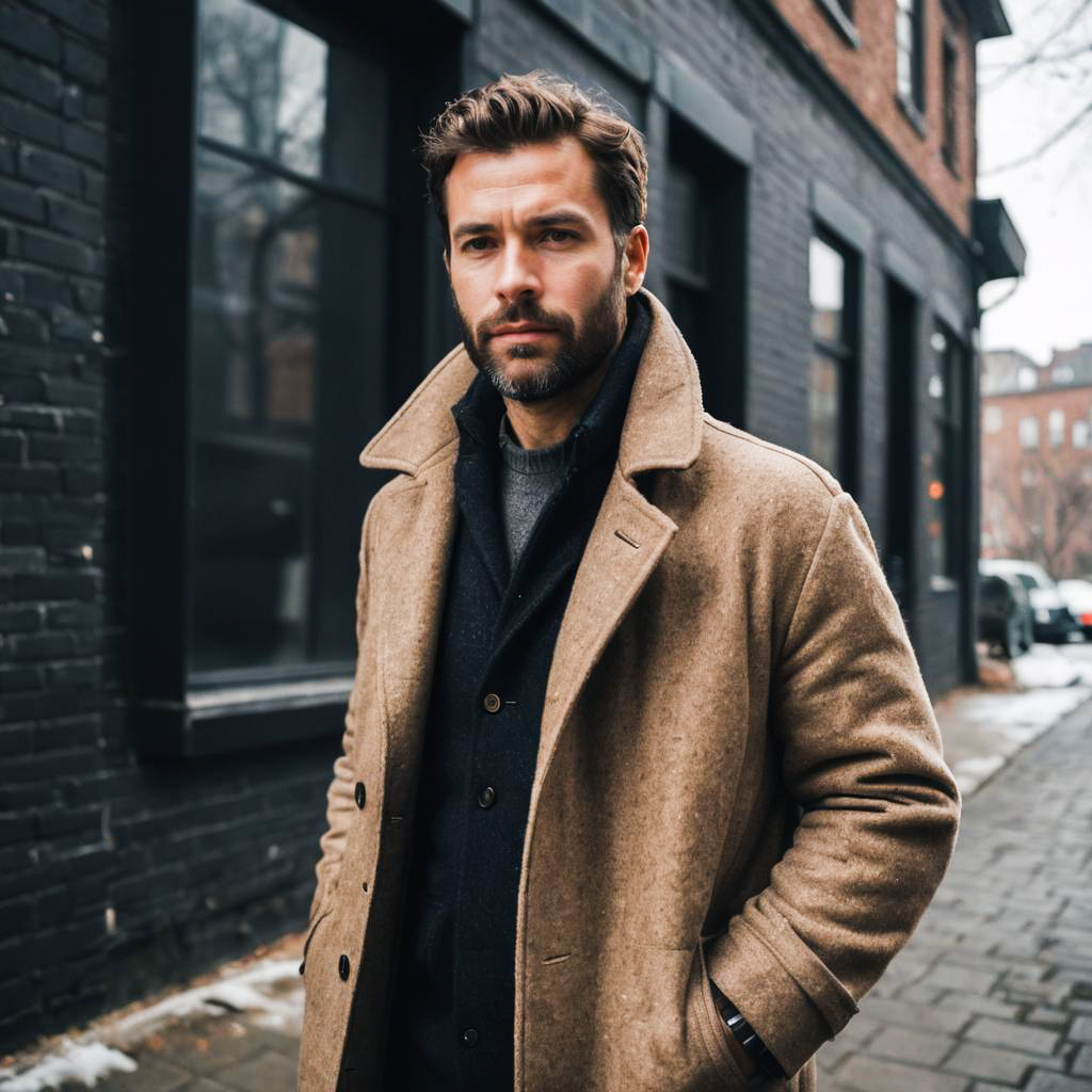 Stylish Man in Tan Overcoat Outdoors