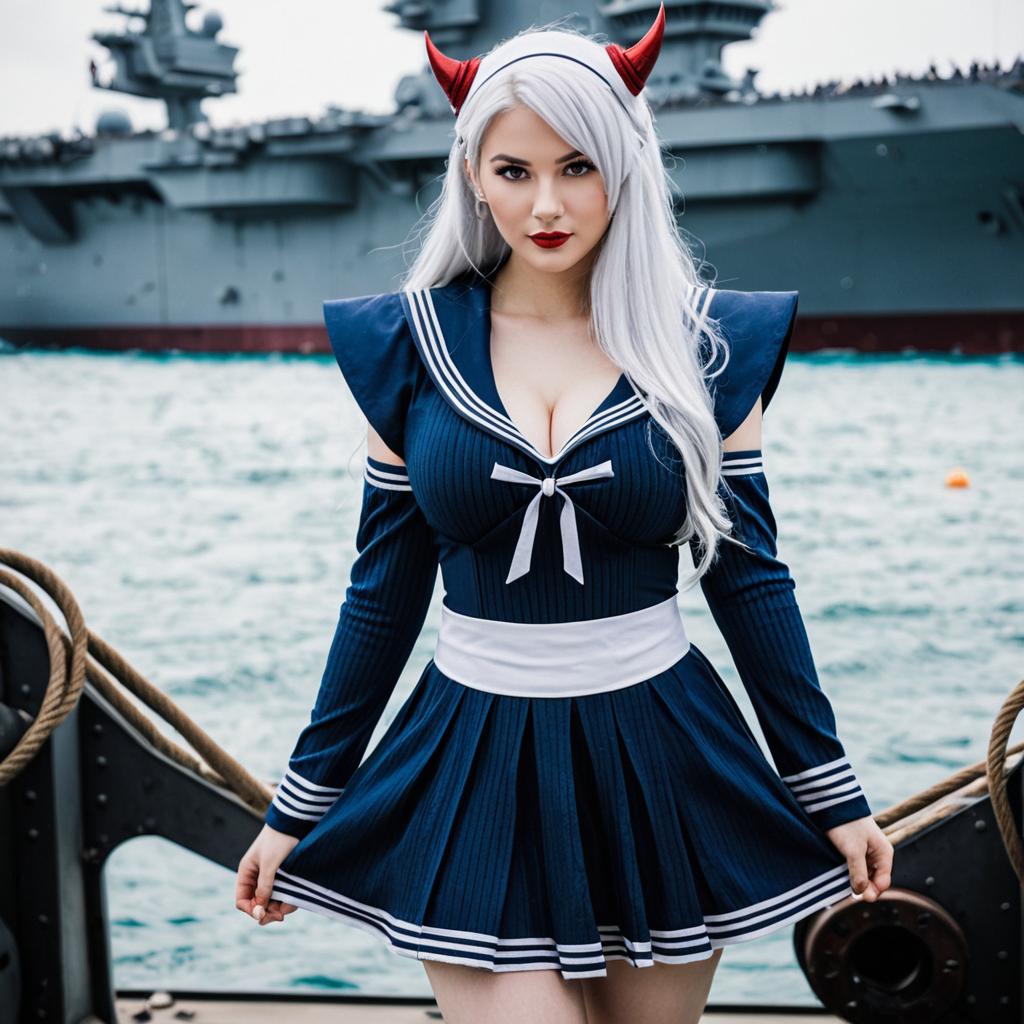 Woman in Sailor Cosplay Outfit with Devil Horns by Aircraft Carrier on Water