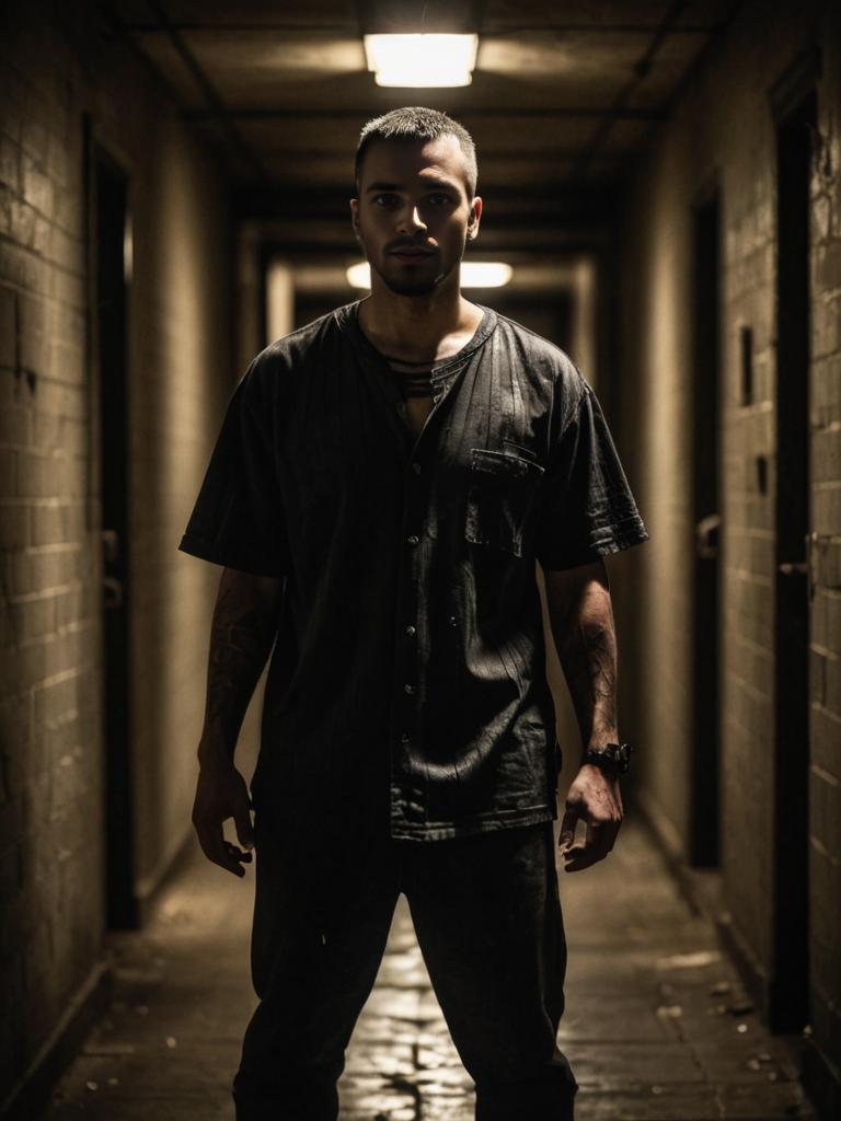 Solemn Man in Prisoner Clothes in Dim Jail Hallway