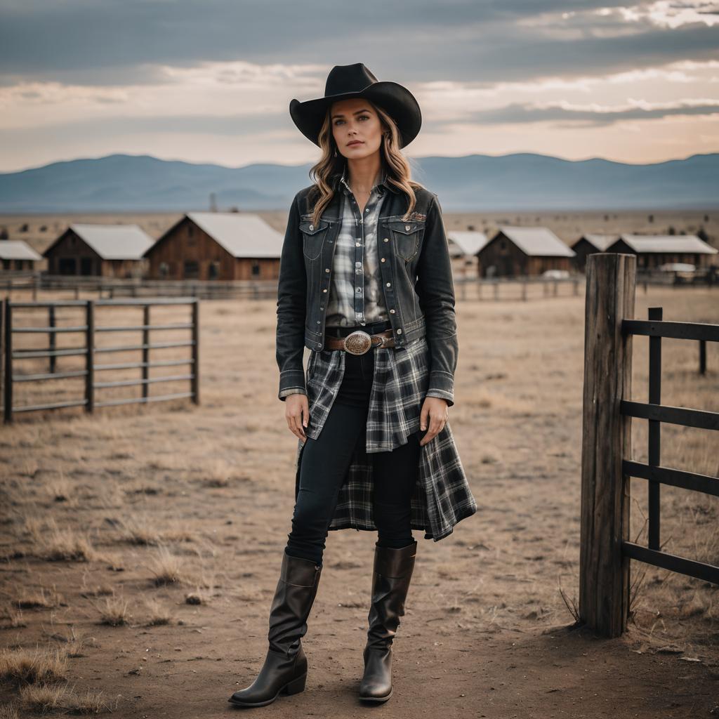 Modern Cowgirl in Western Ranch Attire with Cowboy Hat