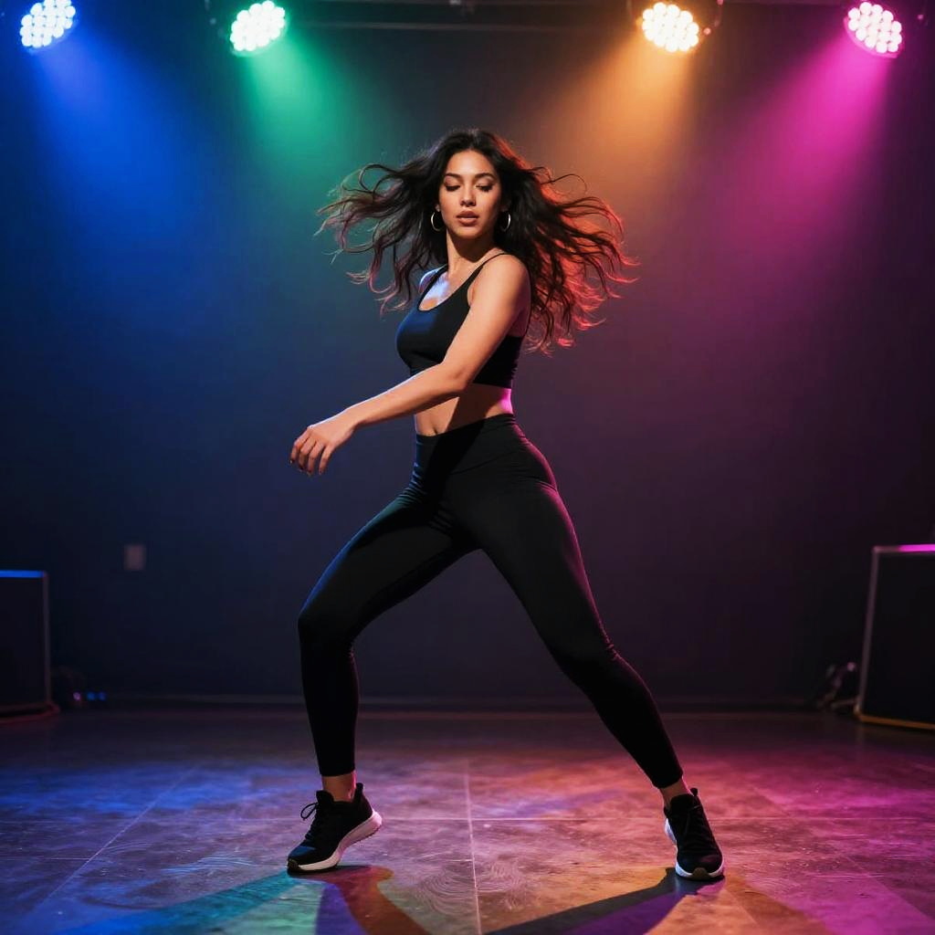 Young Woman Dancing in Colorful Stage Lights - Gen Z Active Lifestyle
