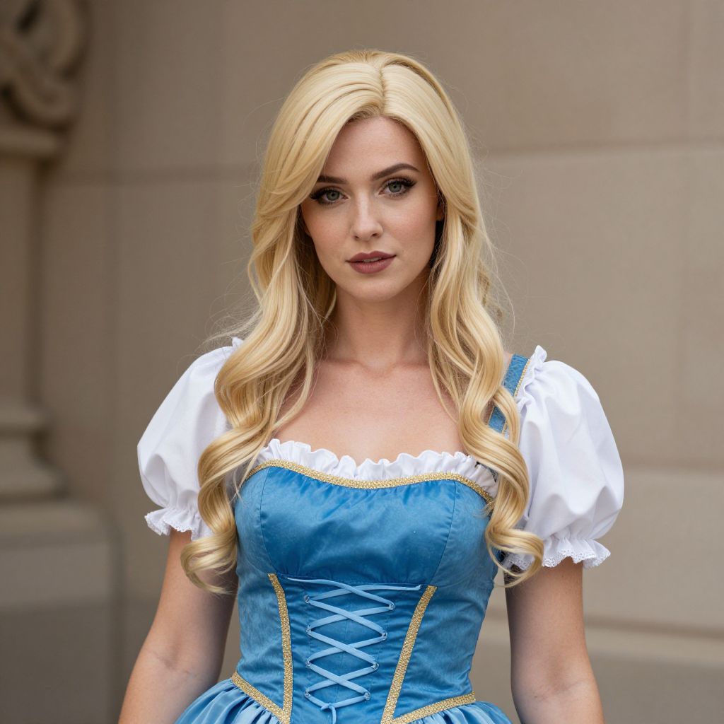 Blonde Woman in Blue Renaissance Style Dress with Puff Sleeves