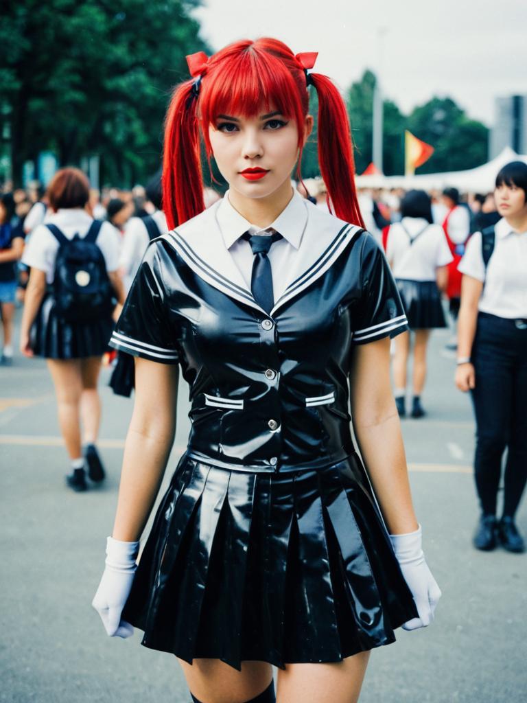 Woman in Black Latex Schoolgirl Costume Cosplay Festival Photo