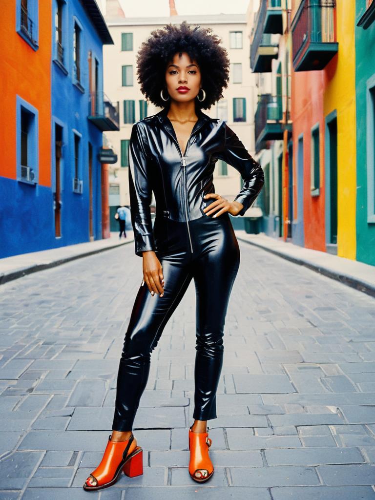Stylish Woman in Black Leather Jumpsuit on Colorful Urban Street