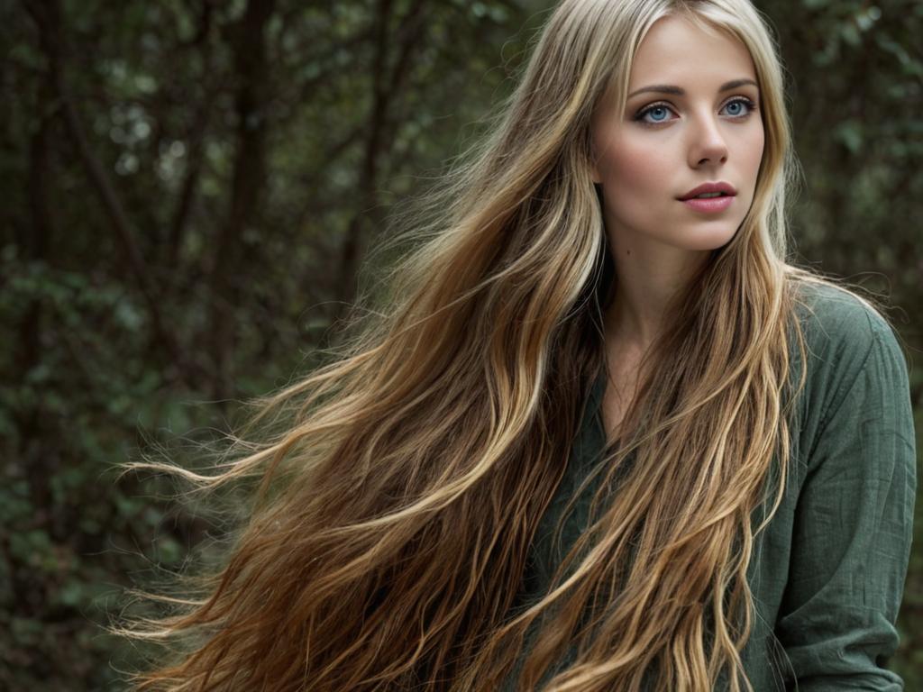 Serene young woman in wooded background