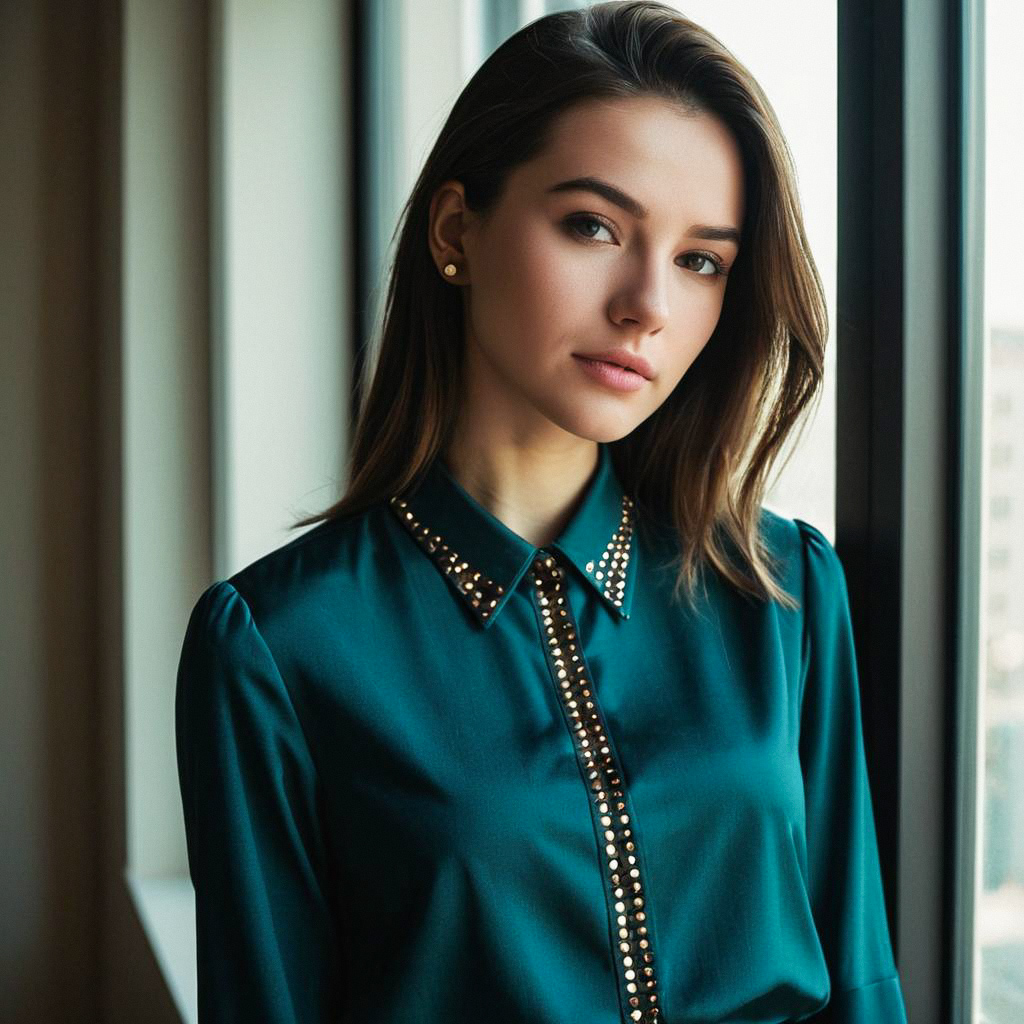 Confident Woman by Window in Teal Blouse