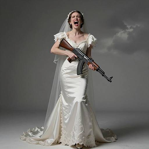 Woman in Vintage Bridal Gown Holding Assault Rifle in Dramatic Pose