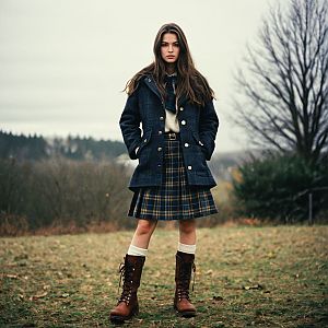 Young Woman in Plaid Coat and Skirt in Autumn