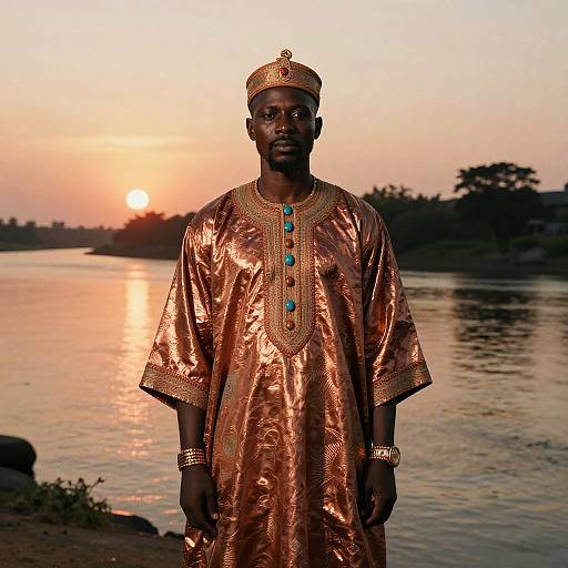 Man in Traditional Bronze Attire Standing by River at Sunset