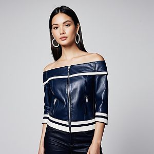 Stylish Woman Wearing Navy Blue Off-Shoulder Leather Jacket