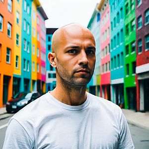 Bald Man in Urban Street with Colorful Buildings