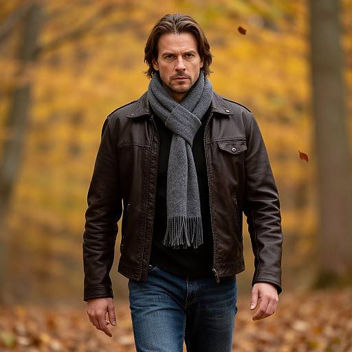 Autumn Portrait of Man in Leather Jacket Walking in Forest