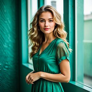 Young Woman in Elegant Teal Dress by Window