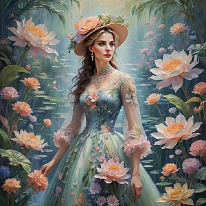 Woman in Floral Gown in Dreamy Garden