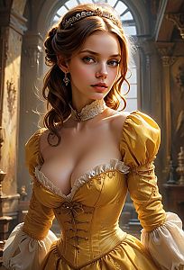 Young Woman in Golden Renaissance-Style Gown with Jeweled Tiara in Elegant Interior