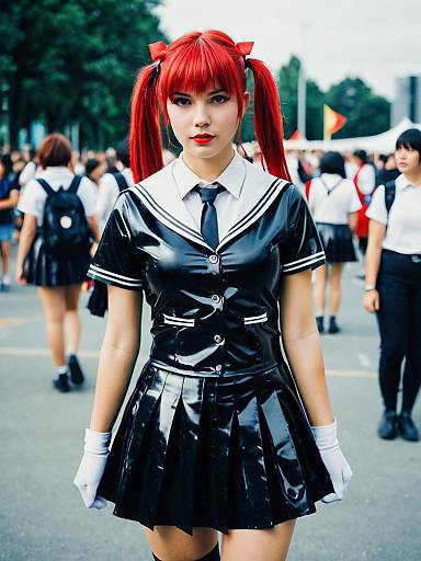 Woman in Black Latex Schoolgirl Costume Cosplay Festival Photo